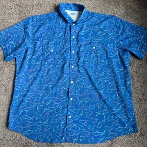 IZOD Saltwater XXL Button‎ Up AOP Shark Tuna Print Short Sleeve Shirt Blue 0586